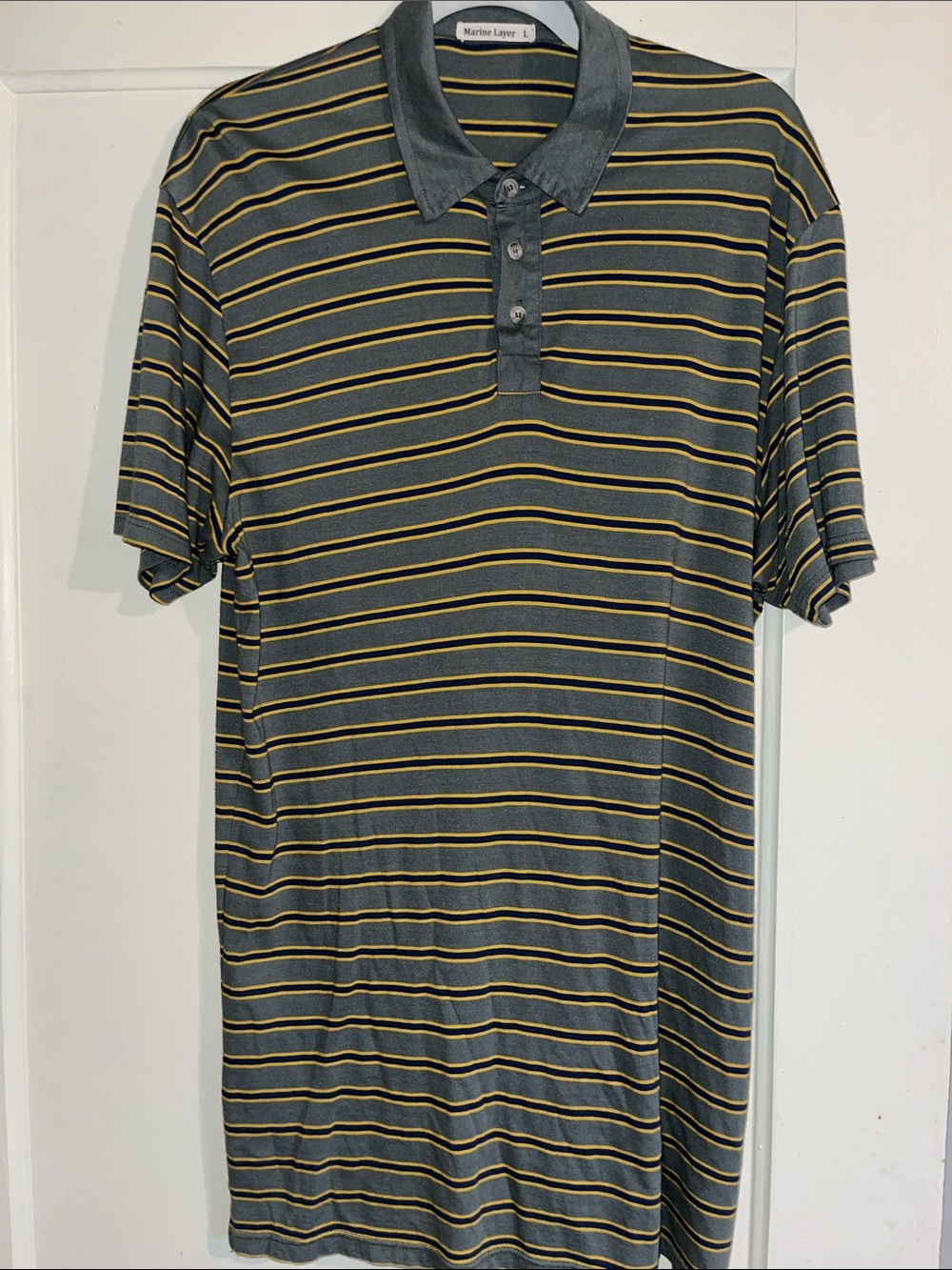Marine Layer Men's Charcoal Polo with Mustard Stripes